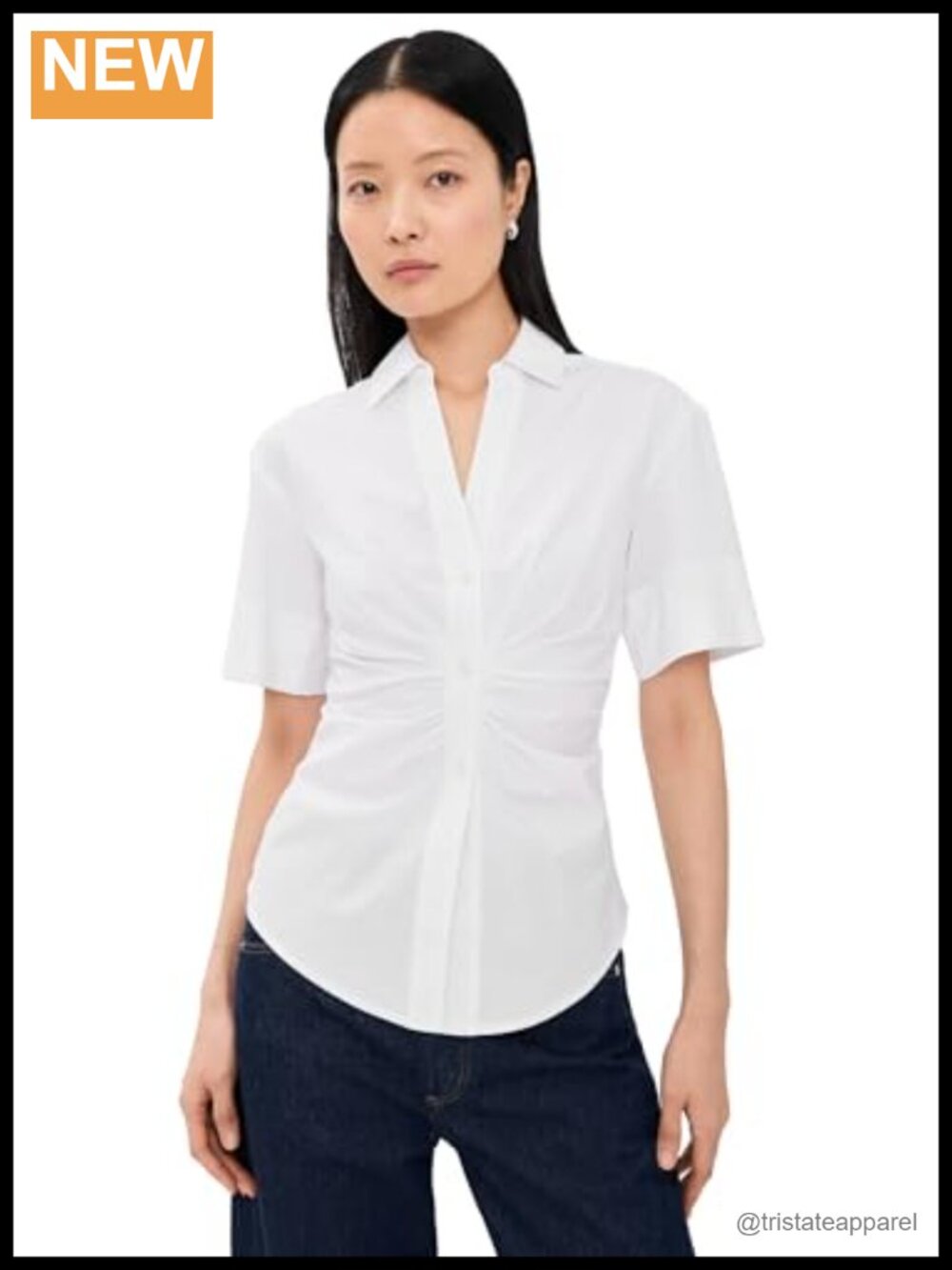 Short Sleeve Collared Poplin Top with Ruched Sides